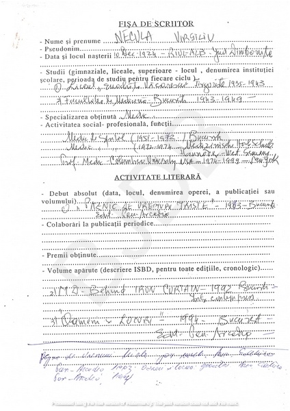 M-1292 - Fisa de scriitor NECULA VIRGILIU